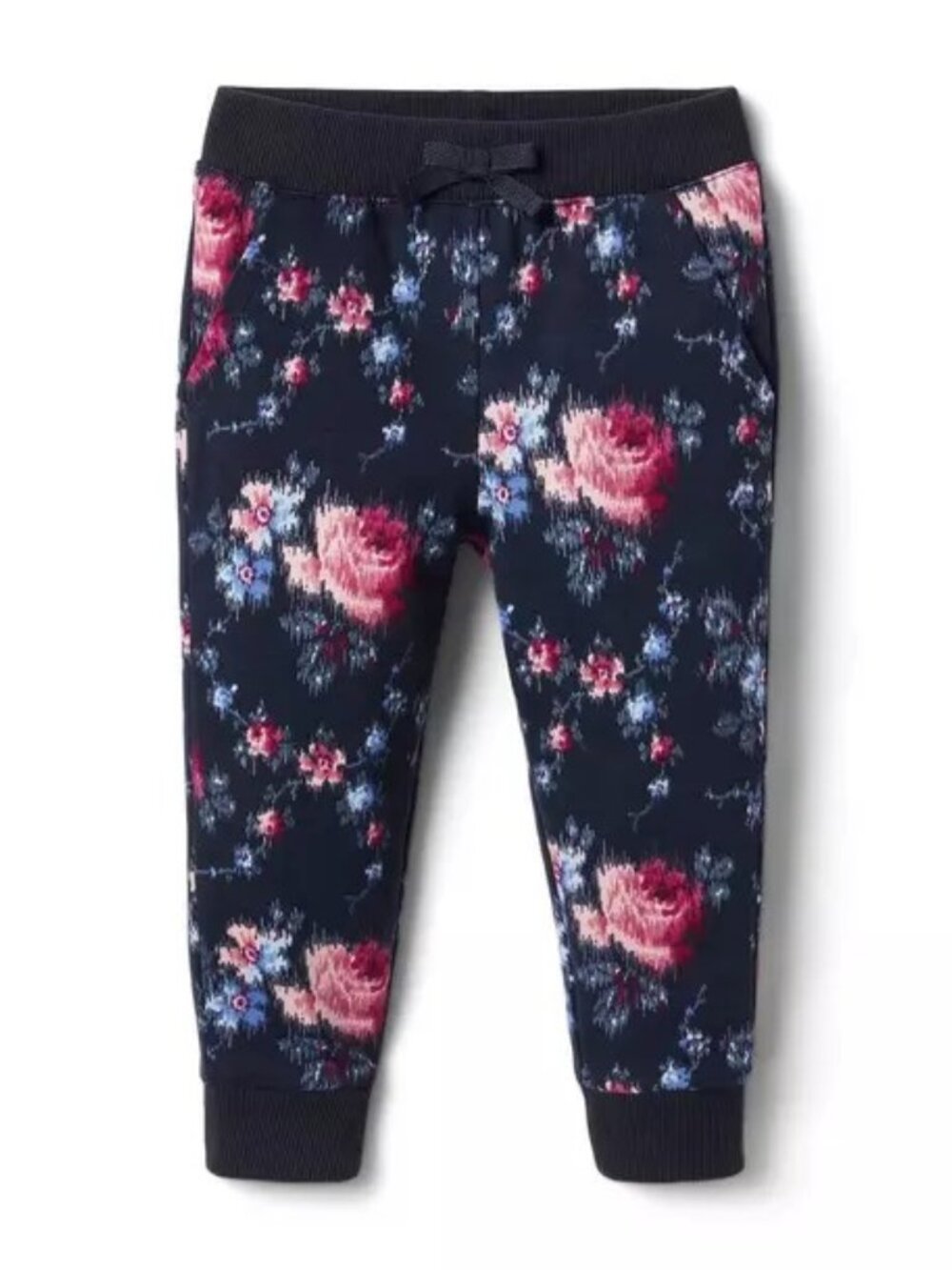 Janie and Jack Dusty Blue Floral Joggers w/ Pink & Light Blue Flowers, Girls’ 2T